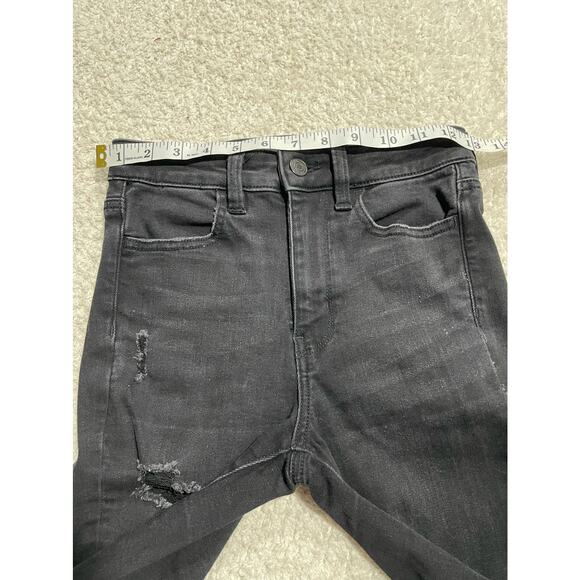 American Eagle Sz 0 Stretch Hi Rise Straight Leg Distressed Raw Hem Jeans Black - Picture 4 of 11